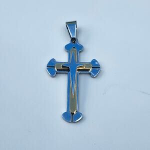 Two Tone Metal Cross Pendant Gold Silver Layered Cutout Christian Jewelry Charm